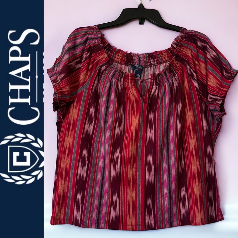 CHAPS PEASANT TOP. SOFT COTTON PULLOVER TOP. ELASTIC NECKLINE WITH TIE. LIKE NEW